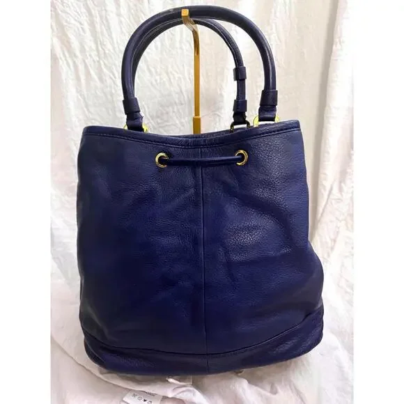 Tory Burch large blue leather bucket purse with gold accents - Picture 3 of 12